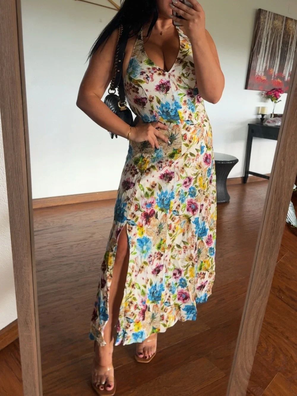 Floral V-Neck Halter Maxi Dress in Multi Floral